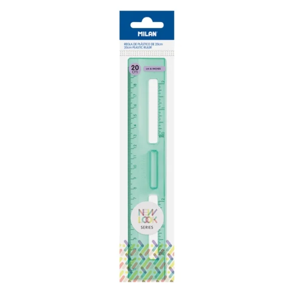 Milan New Look Regla de 20cm - Plastico Rigido - Transparente - Centimetros y Pulgadas - Color Verde