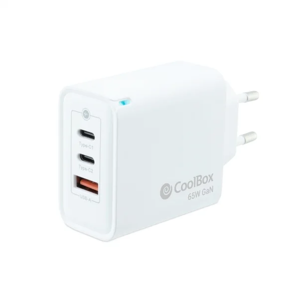 Coolbox Cargador de Pared 65W QC3.0 + PD - USB-A + 2xUSB-C - Carga Rapida - Tecnología GaN - Color Blanco