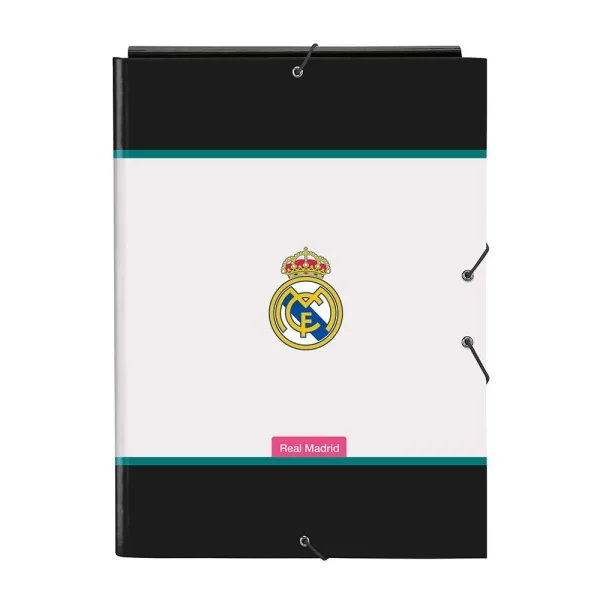Safta Real Madrid Equipacion 26/27 Carpeta de 3 Solapas - Formato Folio - Cierre con Gomas Elasticas - Tapas Duras Forradas - 26x33.5x2.5cm - Color Blanco y Negro