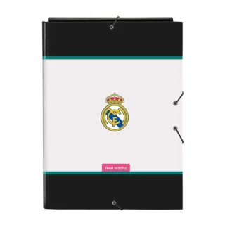 Safta Real Madrid Equipacion 26/27 Carpeta de 3 Solapas - Formato Folio - Cierre con Gomas Elasticas - Tapas Duras Forradas - 26x33.5x2.5cm - Color Blanco y Negro