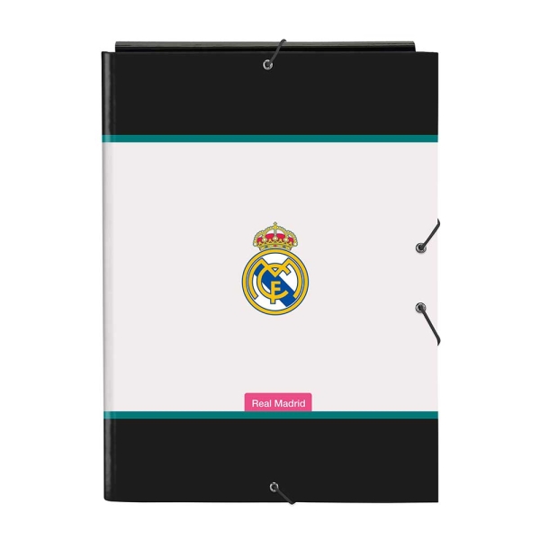 Safta Real Madrid Equipacion 26/27 Carpeta de 3 Solapas - Formato Folio - Cierre con Gomas Elasticas - Tapas Duras Forradas - 26x33.5x2.5cm - Color Blanco y Negro