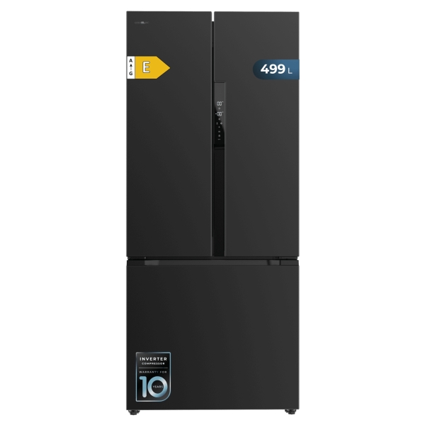 Cecotec Bolero CoolMarket FD 499 Dark E Frigorifico Puerta Francesa de 4 Puertas - Capacidad 499L - Compresor Inverter - Modo Vacaciones - Frio Envolvente - Clase E - 75.9x74.2x178cm - Color