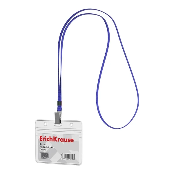 ErichKrause Funda para Tarjeta con Colgante - Orientacion Horizontal - PVC - Incluye Colgante Azul - Formato 58X98mm - Color Transparente