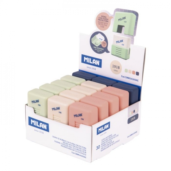 Milan 430 Serie 1918 Goma de Borrar Blanca con Funda School - Miga de Pan - Colores de las Fundas Blanco, Azul Oscuro, Verde y Rosa · Pack de 30 uds.