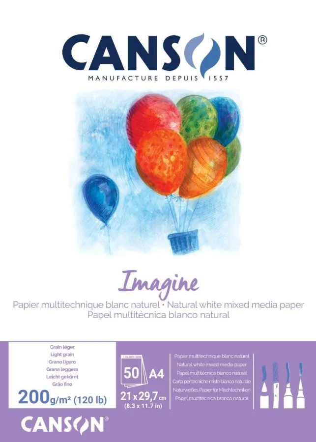 Canson Imagine Bloc Encolado de 50 Hojas 200gr A4 - Grano Fino - Color Blanco