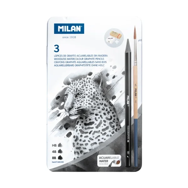 Milan Pack de 3 Lapices de Grafito Acuarelables Surtidos + Sacapuntas + Goma de Borrar + Pincel - Caja Metalica - Bandeja Interior - Color Gris Oscuro
