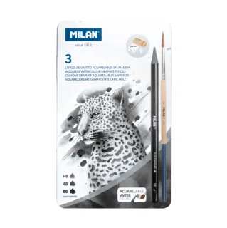 Milan Pack de 3 Lapices de Grafito Acuarelables Surtidos + Sacapuntas + Goma de Borrar + Pincel - Caja Metalica - Bandeja Interior - Color Gris Oscuro