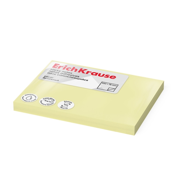 ErichKrause Bloc de 100 Notas Adhesivas Reposicionables - Papel de 75g/m2 - 75x100mm - Pegamento a Base de Agua - Color Amarillo · Pack de 12 uds.