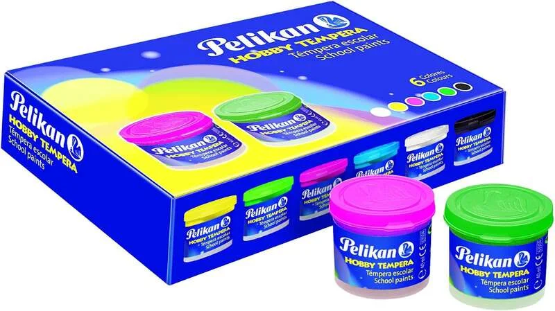 Pelikan Pack de 6 Botes de Tempera 40ml + Pincel - Consistencia Pastosa - Resistente a la Luz - Colores Surtidos