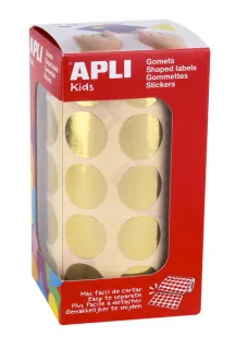 Apli Gomets Redondos Oro Metalizado - Tamaño Ø 20mm - Adhesivo Permanente - 1770 Gomets por Rollo - Ideal para Actividades Creativas y Educativas