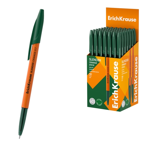 ErichKrause Slender Stick Orange Boligrafo con Capuchon - Punta de Aguja 0.7mm - Cuerpo Opaco Naranja - Trazo 0.26mm - Tinta de Baja Viscosidad - Tapa Ventilada - Color Verde · Pack de 50 uds.