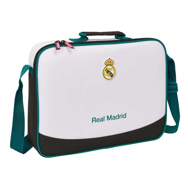 Safta Real Madrid Equipacion 26/27 Maletin con Cremallera - Bandolera Ajustable - Asa Forrada - Doble Tirador - Fondo Semirigido - 38x28x6cm - Color Blanco y Negro