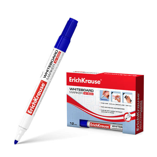 Erichkrause W-500 Rotulador para Pizarra Blanca - Punta en Forma de Bala - Trazo de 0.8 a 2.5mm - Tinta a Base de Alcohol - Color Azul · Pack de 12 uds.