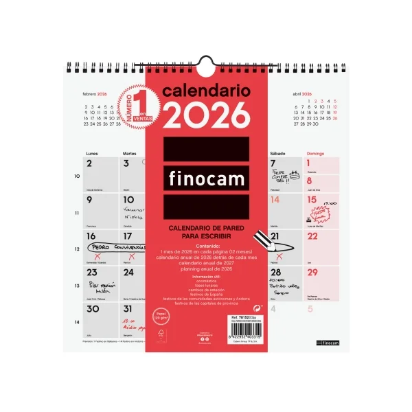 Finocam Calendario de Pared - Anual 2026 - 300x5x310mm - Espacio para Escribir - Color Blanco y Rojo