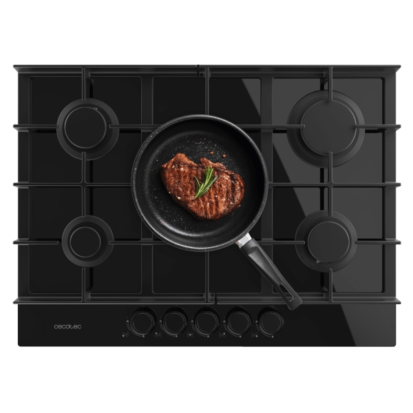 Cecotec Bolero Squad G 5400F Glass Black Cocina de Gas Encastrable - 5 Quemadores - Acabado en Cristal Negro - 10.4kW - Parrillas de Hierro Fundido - Wok de Triple Corona - Color Negro