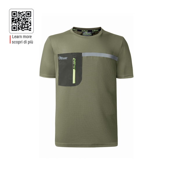 Upower Christal Camiseta Hombre con Termorregulacion Inteligente - Talla 2XL - Efecto Antimicrobiano, Detalles Reflectantes, Bolsillo con Cremallera, Proteccion DPI1 - Color Verde Oliva
