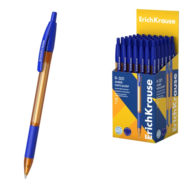 ErichKrause R-301 Matic and Grip Amber Boligrafo Retractil - Punta de 0.7mm - Trazo 0.35mm - Zona de Agarre de Goma - Color Azul · Pack de 50 uds.