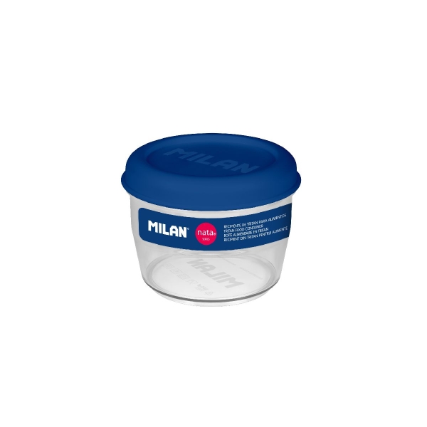 Milan Coleccion Nata 624 Fiambrera Hermetica de Tritan Redonda 0.5L - Apta para Microondas, Lavavajillas y Congelador - Libre de BPA - Medidas 12 Ø x 9,2cm - Color Transparente/Azul
