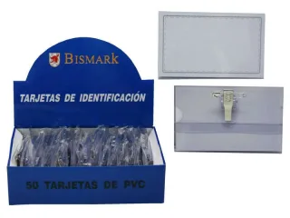 Bismark Portanombres con Pinza y Alfiler - Medidas 9,5x5,7cm - Uñero para Facil Intercambio de las Etiquetas - Transparente · Pack de 50 uds.