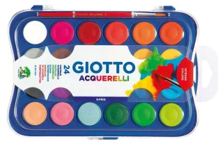 Giotto Estuche de 24 Acuarelas de 30mm + Pincel - Colores Brillantes, Intensos y Vivos - Muy Cubrientes - Colores Surtidos