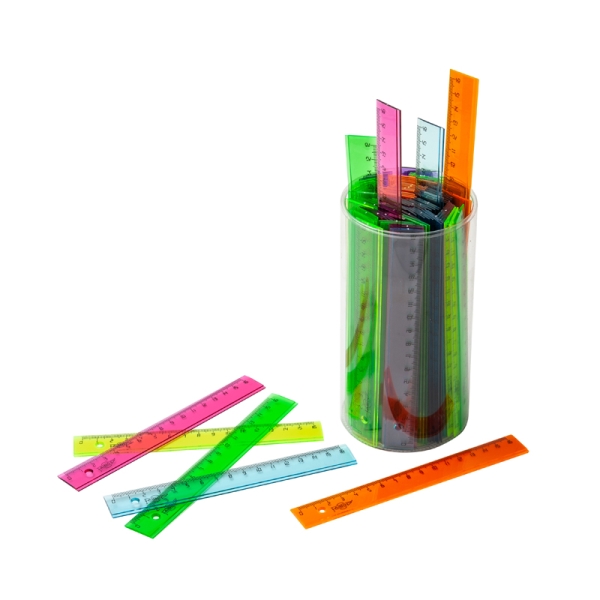 Faibo Bote con 100 Reglas Escolares de 16cm - Colores Fluor Tranparentes Surtidos