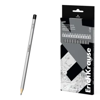 ErichKrause Art Pack de 12 Lapices de Grafito - Durezas Surtidas 2H-8B - Cuerpo Hexagonal - Pegado Completo de la Mina - Facil Afilado - Color Plata