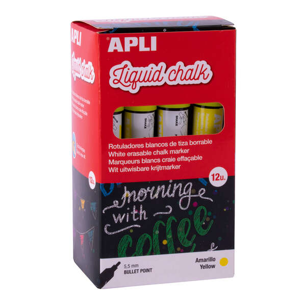 Apli Rotulador de Tiza Liquida Amarillo - Punta Redonda - Ideal para Pizarras, Plastico, Ventanas, Ceramica, Vinilos, Metal, Etc - Facil de Borrar - Secado Rapido - Uso Sencillo - Base Agua Libre de Toxicos