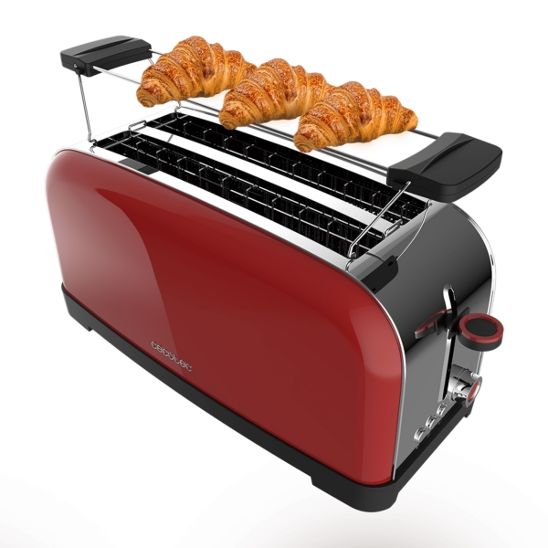 Cecotec Toastin' Time 1500 Tostadora de Doble Ranura Larga - 1500W - Capacidad para 4 Rebanadas - Ranura Ancha - Bandeja Recogemigas - Acabado en Acero Inoxidable - Color Rojo