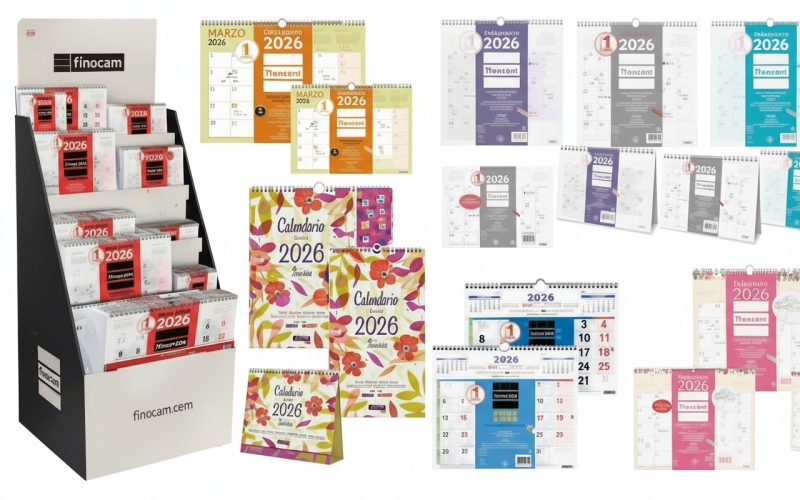 Finocam Expositor de Pie con 163 Calendarios Neutros y Trendy Surtidos en Catalan - Anual 2026 - Estructura de Carton - Color Surtidos