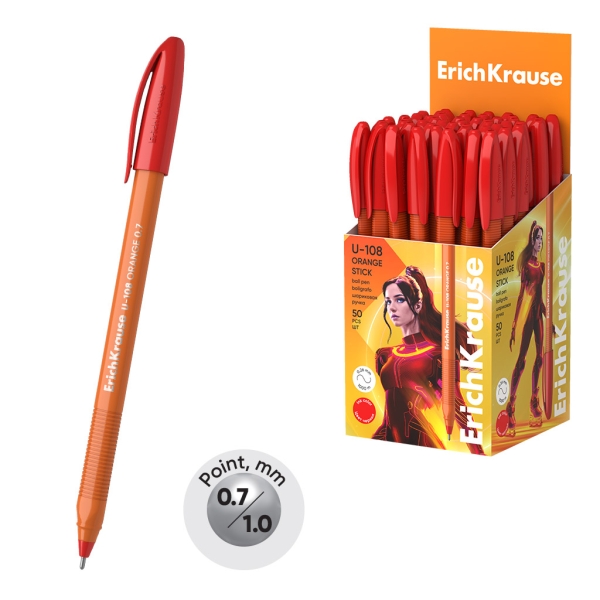 ErichKrause U-108 Stick Orange Boligrafo con Capuchon - Punta de 0.7mm - Cuerpo Opaco Naranja - Trazo 0.26mm - Tinta de Baja Viscosidad - Tapa Ventilada - Color Rojo · Pack de 50 uds.