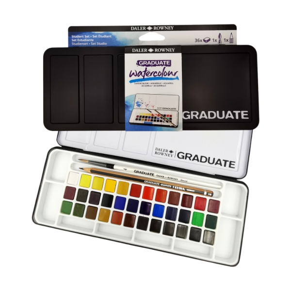 Daler Rowney Graduate Pack de 36 Acuarelas - Medio Godets - Incluye Pincel y Lapiz - Colores Surtidos