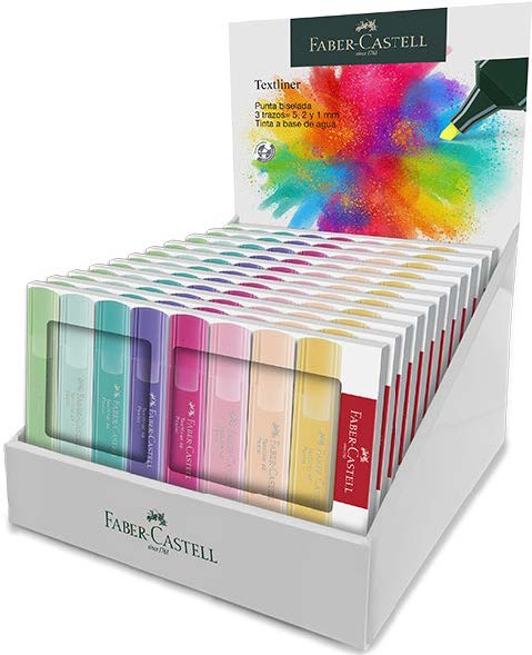 Faber-Castell Textliner 46 Pastel Expositor con 11 Packs de 8 Marcadores Fluorescentes - Punta Biselada - Trazo entre 1mm y 5mm - Tinta con Base de Agua - Colores Surtidos