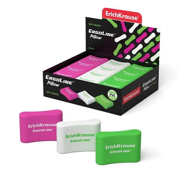 Erichkrause Ergoline Pillow Goma de Borrar Ergonomica - Fabricada de Caucho Termoplastico Hipoalergenico - Sin PVC - Colores Rosa, Blanco y Verde · Pack de 36 uds.