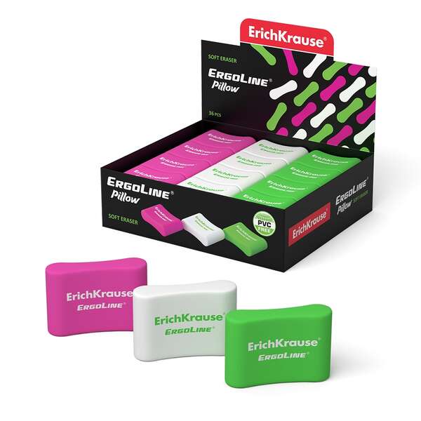 Erichkrause Ergoline Pillow Goma de Borrar Ergonomica - Fabricada de Caucho Termoplastico Hipoalergenico - Sin PVC - Colores Rosa, Blanco y Verde · Pack de 36 uds.
