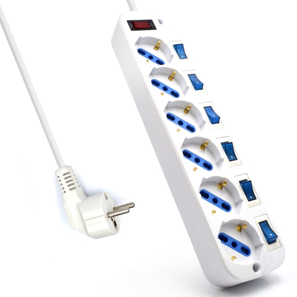 Ewent Regleta de Energia - 6 enchufes - Version Schuko - 16A con Interruptor de Encendido/Apagado en cada Puerto - Protector contra Sobretensiones - Cable de 5m - Color Blanco