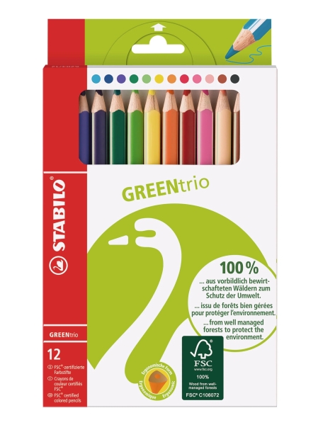Stabilo GREENtrio Pack con 12 Lapices de Colores - Mina de 2.5mm - Ideal para el Colegio - Colores Surtidos