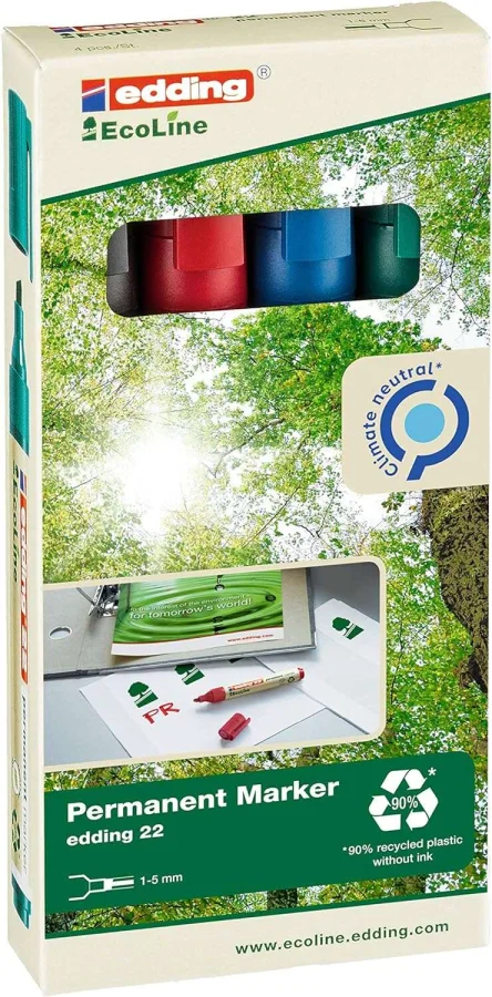 Edding 22 EcoLine Pack de 4 Rotuladores Permanentes - Punta Biselada - Trazo entre 1 y 5mm - 90% de Plastico Reciclado - Colores Surtidos