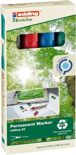 Edding 22 EcoLine Pack de 4 Rotuladores Permanentes - Punta Biselada - Trazo entre 1 y 5mm - 90% de Plastico Reciclado - Colores Surtidos