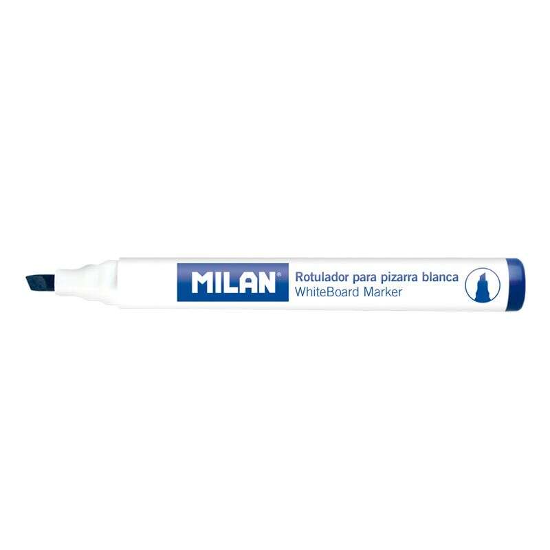 Milan Rotuladores para Pizarra Blanca con Punta Biselada - Punta 1 - 4 mm - Tinta a Base de Alcohol - Borrable en Seco - Color Azul · Pack de 12 uds.