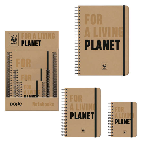 Dohe WWF Classic Expositor de 12 Cuadernos Espiral Wireo - Tamaños A4, A5 y A6 - 96 Hojas Lisas en Papel Ahuesado de 80 g/m2 - Cierre con Goma Elastica
