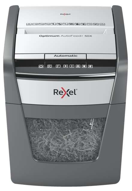 Rexel Optimum AutoFeed 50X Destructora Automatica de Corte en Particulas P-4 - Alimentacion Automatica 50 hojas y Ranura Manual 6 Hojas - Anti Atasco - Capacidad de la Papelera 20L - Color G