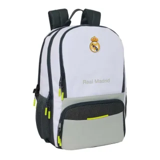 Safta Real Madrid Mochila de 21.4L para Portatil hasta 14.1" - Compartimento para Raqueta de Padel - Espacio para Zapatillas - Rejilla Antisudor - 30x42x17cm - Color Blanco y Negro