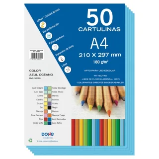 Dohe Pack de 50 Cartulinas A4 de 180gr - Con PH Neutro - Libres de Cloro Elemental - Color Azul Oceano