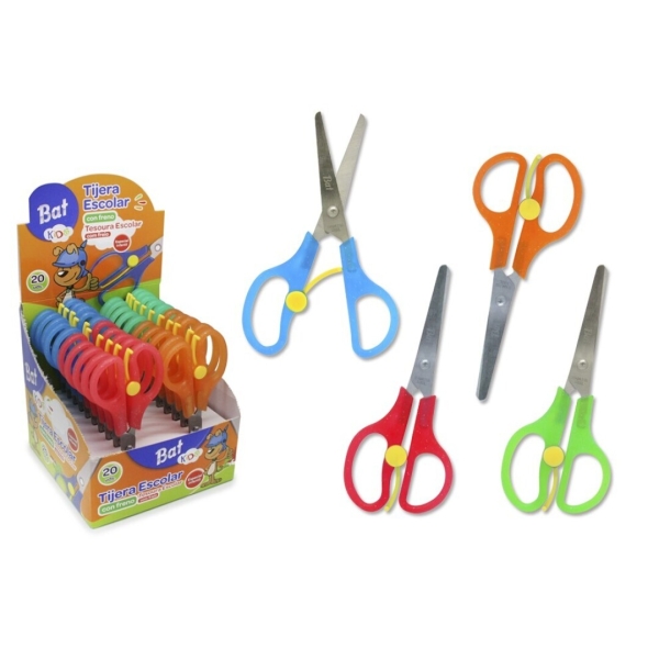 Bismark Bat Tijera Escolar 13cm con Freno - Mangos en Plastico - Punta Roma - 4 Colores Surtidos · Pack de 20 uds.