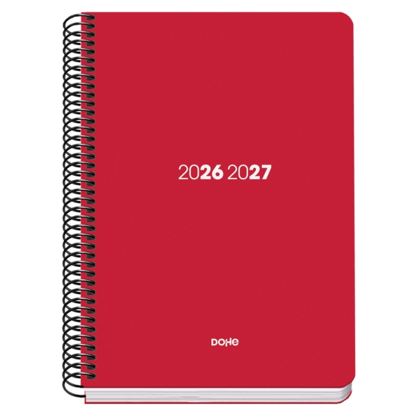 Dohe Basic Element Agenda Escolar 26/27 - Formato A5 - Dia Pagina - Papel Offset Ahuesado 70g - Cubierta de Carton Plastificado - Espiral Metalica - Goma - 15x21x4cm - Color Rojo