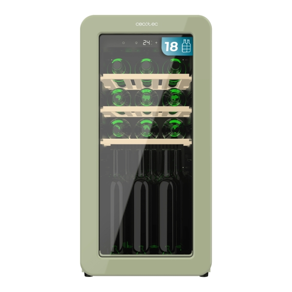 Cecotec Bolero GrandSommelier Origin 18 Hit Green Vinoteca 18 Botellas - Luz LED - Temperatura Regulable - Estilo Retro - Compresor Integrado - Ventilador Interior - 74.3x36.6x47.6cm - Color