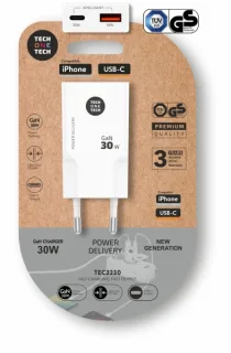 TechOneTech Cargador Doble de Pared Ultrarrápido GaN 30w USB-C+USB-A Blanco