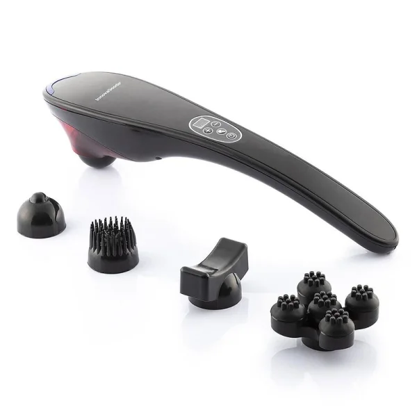 Innovagoods Masfin Masajeador de Mano Recargable - 16W - Bateria 1800mAh - Cable 95cm - Recargable - 5 Cabezales Intercambiables - Funcion Calor Infrarrojo - 11x45x8cm - Color Negro