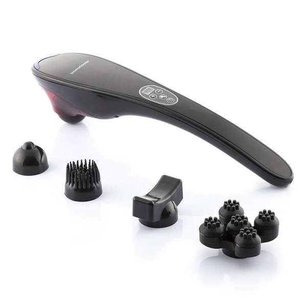 Innovagoods Masfin Masajeador de Mano Recargable - 16W - Bateria 1800mAh - Cable 95cm - Recargable - 5 Cabezales Intercambiables - Funcion Calor Infrarrojo - 11x45x8cm - Color Negro