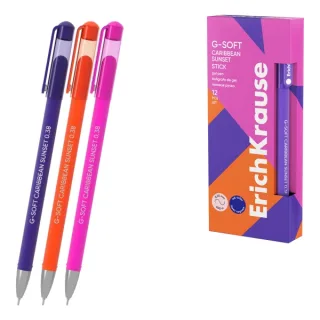 ErichKrause G-Soft Stick Caribbean Sunset Boligrafo con Capuchon - Modelos Surtidos - Trazo 0.25mm - Tinta de Gel - Resistente al Agua - Secado Rapido - Color Azul · Pack de 12 uds.